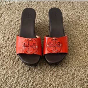 Tory Burch Orange Patent Leather Mules